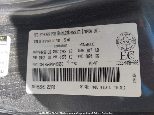 2004 Chrysler Sebring Limited მანქანა იყიდება აუქციონზე, vin: 1C3EL65R84N405852, აუქციონის ნომერი: 40070529