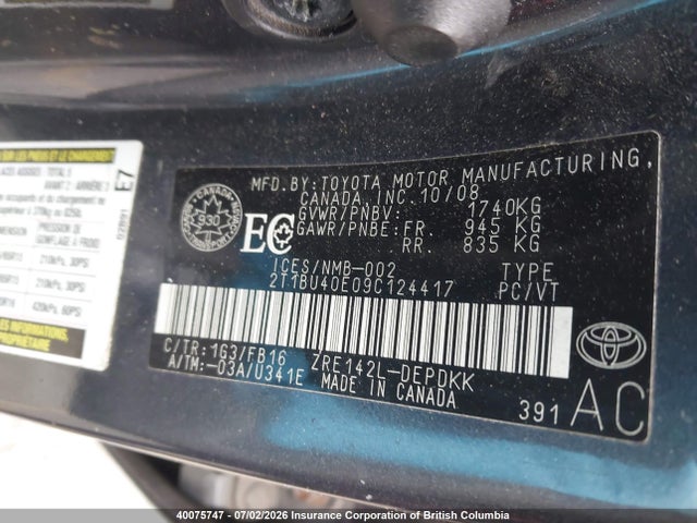 2009 Toyota Corolla S/le/xle მანქანა იყიდება აუქციონზე, vin: 2T1BU40E09C124417, აუქციონის ნომერი: 40075747