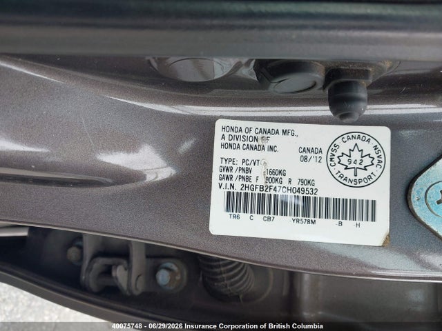 Продаж на аукціоні авто 2012 Honda Civic, vin: 2HGFB2F47CH049532, номер лоту: 40075748