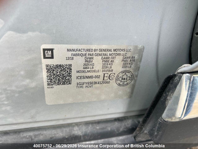 Продажа на аукционе авто 2019 Chevrolet Bolt Ev Lt, vin: 1G1FY6S03K4120060, номер лота: 40075752