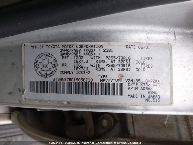 2001 Toyota 4runner Limited მანქანა იყიდება აუქციონზე, vin: JT3HN87R019058733, აუქციონის ნომერი: 40072181