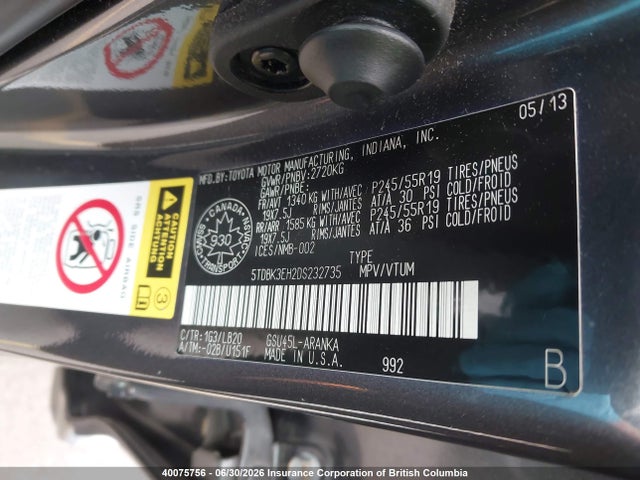Auction sale of the 2013 Toyota Highlander V6, vin: 5TDBK3EH2DS232735, lot number: 40075756