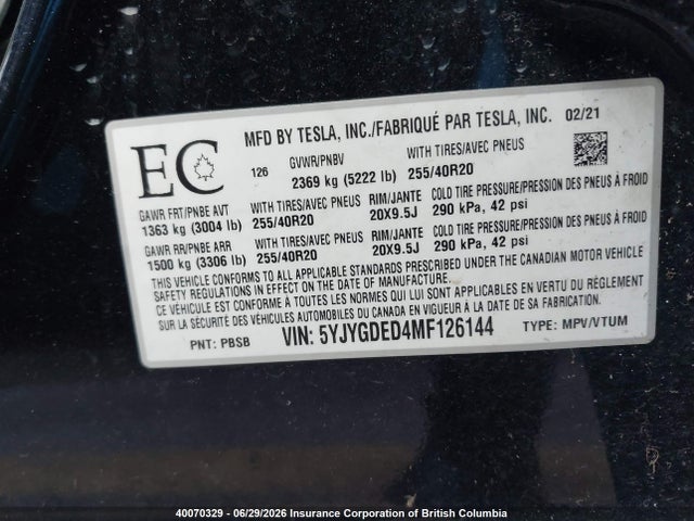 Aukcja sprzedaży 2021 Tesla Model Y, vin: 5YJYGDED4MF126144, numer aukcji: 40070329