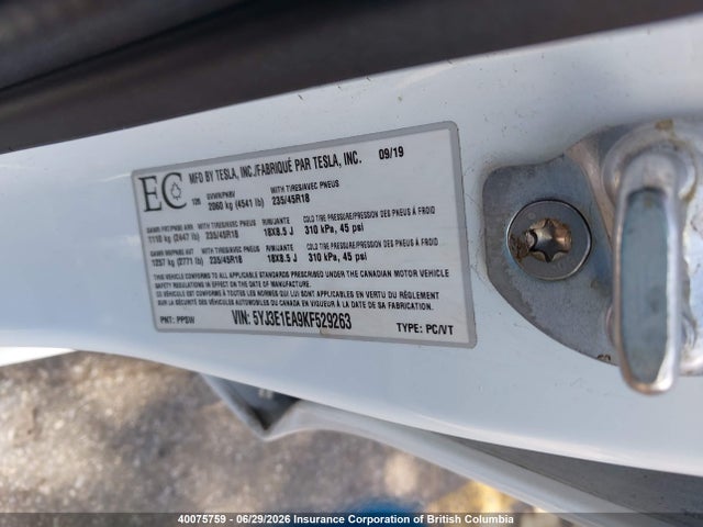 Tesla MODEL 3 2019 5YJ3E1EA9KF529263 Image 9