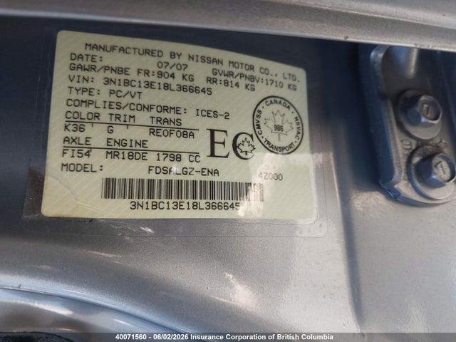 Aukcja sprzedaży 2008 Nissan Versa S/sl, vin: 3N1BC13E18L366645, numer aukcji: 40071560