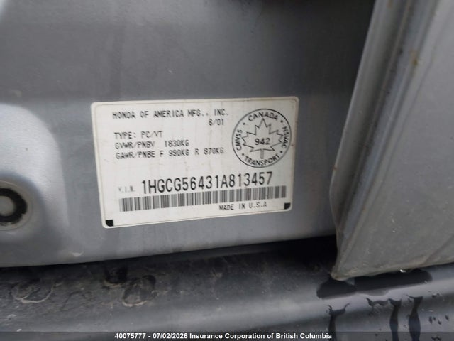 2001 Honda Accord Lx მანქანა იყიდება აუქციონზე, vin: 1HGCG56431A813457, აუქციონის ნომერი: 40075777