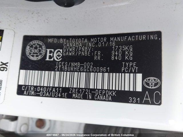 2T1BURHE6GC600961 Toyota Corolla L/le/le Pls/prm/s/s Pls