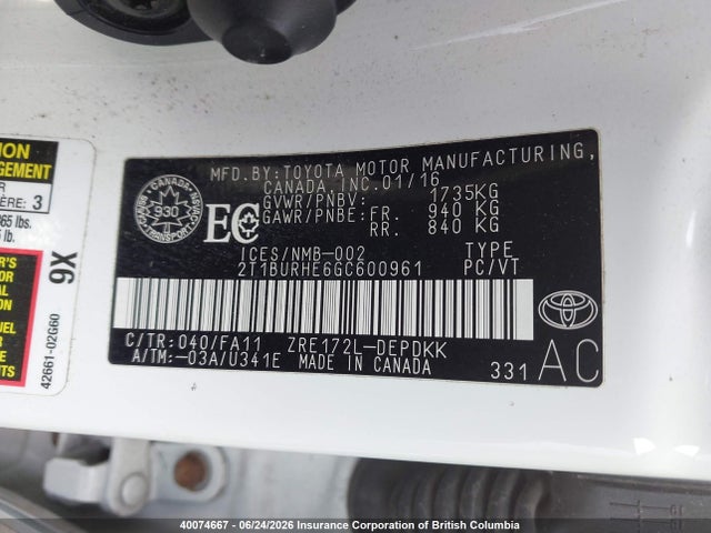 2T1BURHE6GC600961 Toyota Corolla L/le/le Pls/prm/s/s Pls