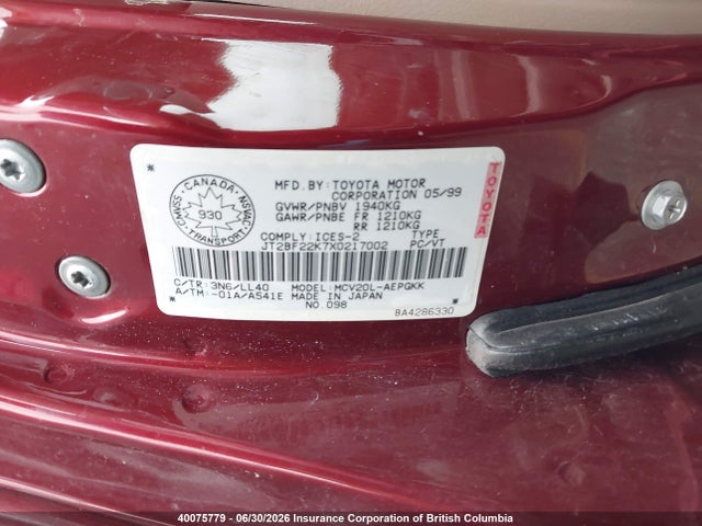 40075779 :رقم المزاد ، JT2BF22K7X0217002 vin ، 1999 Toyota Camry مزاد بيع