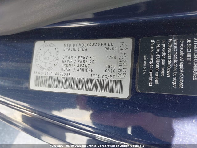 40067296 :رقم المزاد ، 9BWBP21J014077295 vin ، 2001 Volkswagen Golf Gl Tdi مزاد بيع