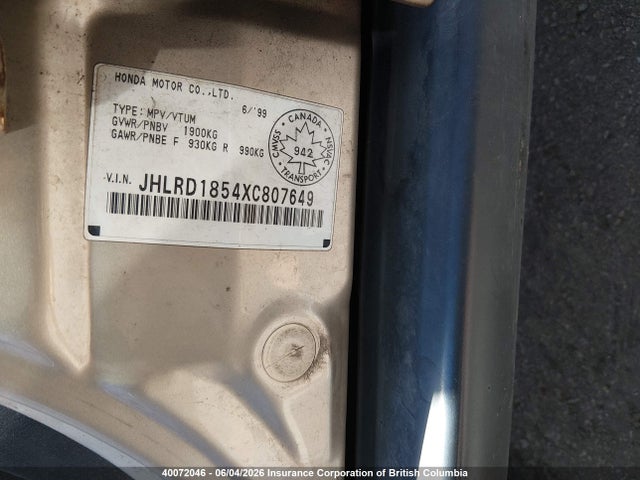 Aukcja sprzedaży 1999 Honda Cr-v Ex, vin: JHLRD1854XC807649, numer aukcji: 40072046