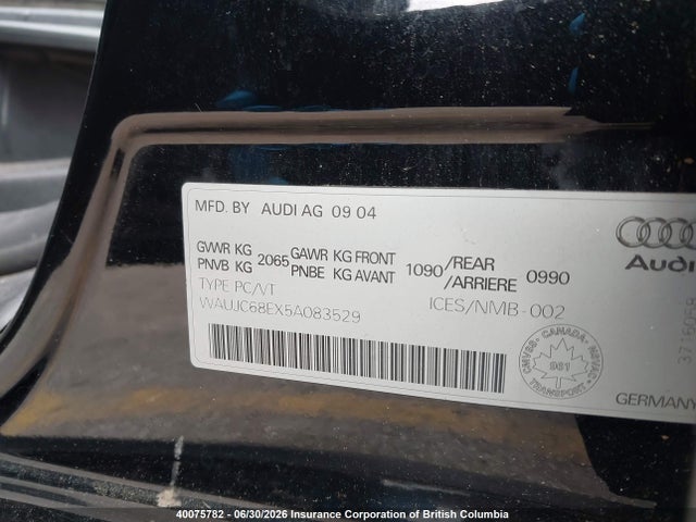 2005 Audi A4 მანქანა იყიდება აუქციონზე, vin: WAUJC68EX5A083529, აუქციონის ნომერი: 40075782