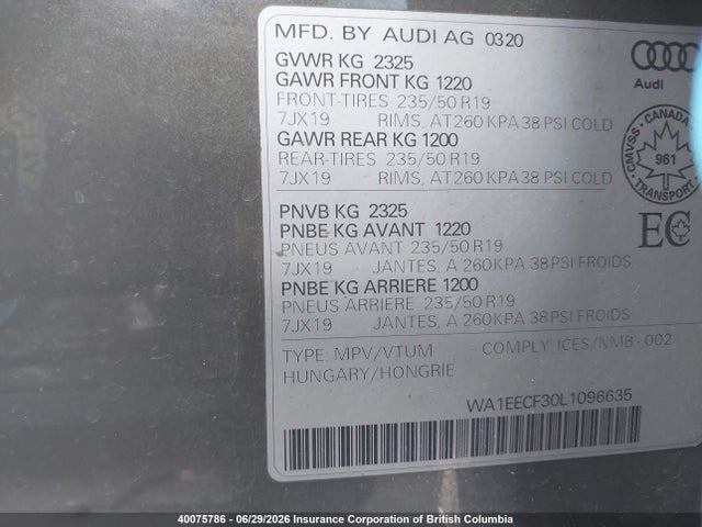 Продажа на аукционе авто 2020 Audi Q3, vin: WA1EECF30L1096635, номер лота: 40075786