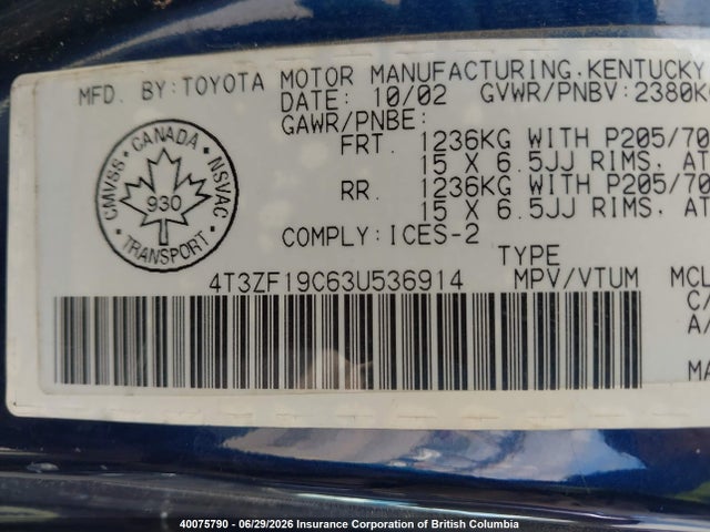 Продаж на аукціоні авто 2003 Toyota Sienna Ce, vin: 4T3ZF19C63U536914, номер лоту: 40075790