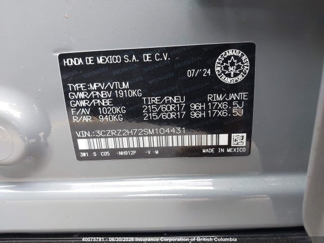Продаж на аукціоні авто 2025 Honda Hr-v, vin: 3CZRZ2H72SM104431, номер лоту: 40075791