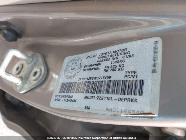 40075796 :رقم المزاد ، 2T1BR12E6WC716459 vin ، 1998 Toyota Corolla Ve/ce/le مزاد بيع