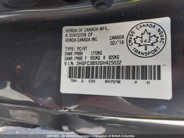 Продаж на аукціоні авто 2016 Honda Civic Touring, vin: 2HGFC3B92GH425032, номер лоту: 40074603