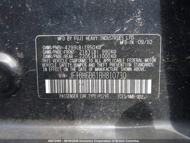 40072455 :رقم المزاد ، JF1GH6B61BH810730 vin ، 2011 Subaru Impreza 2.5i Premium مزاد بيع