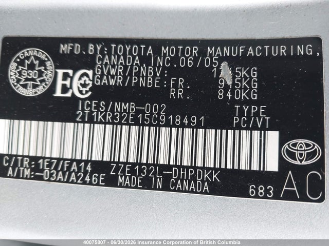 2005 Toyota Corolla Matrix Xr მანქანა იყიდება აუქციონზე, vin: 2T1KR32E15C918491, აუქციონის ნომერი: 40075807
