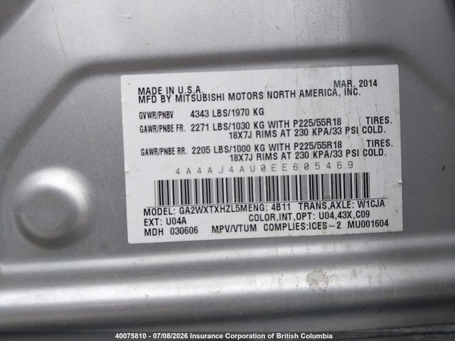 Aukcja sprzedaży 2014 Mitsubishi Rvr, vin: 4A4AJ4AU0EE605469, numer aukcji: 40075810