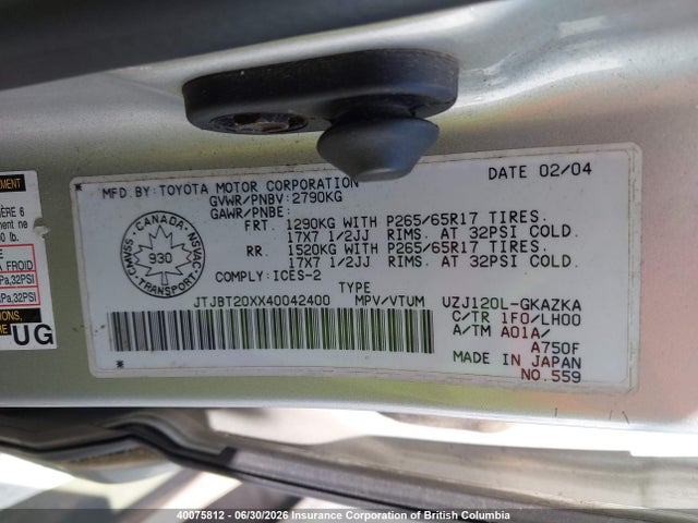 40075812 :رقم المزاد ، JTJBT20XX40042400 vin ، 2004 Lexus Gx 470 مزاد بيع