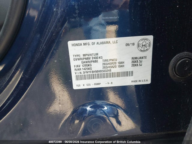 Aukcja sprzedaży 2019 Honda Passport Touring, vin: 5FNYF8H98KB503248, numer aukcji: 40072399