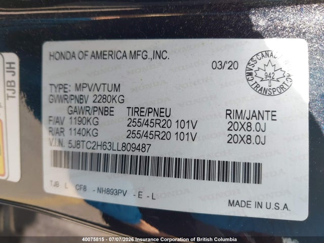 Acura RDX 2020 5J8TC2H63LL809487 Image 9