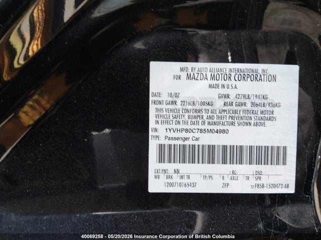 40069258 :رقم المزاد ، 1YVHP80C785M04980 vin ، 2008 Mazda 6 I مزاد بيع