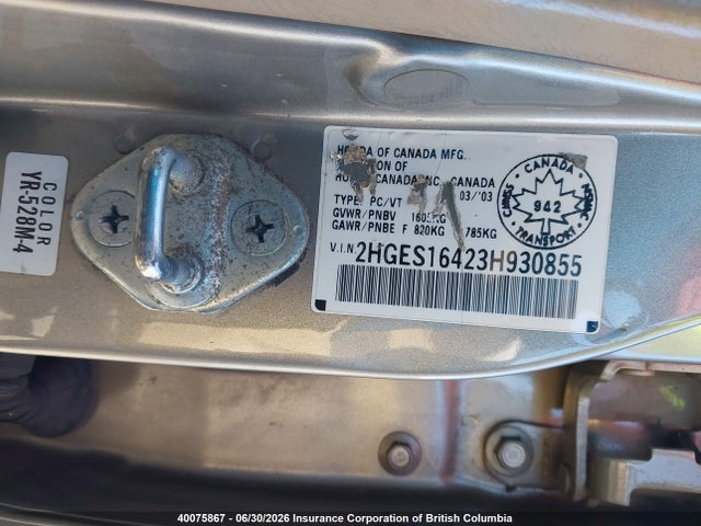 2003 Honda Civic მანქანა იყიდება აუქციონზე, vin: 2HGES16423H930855, აუქციონის ნომერი: 40075867