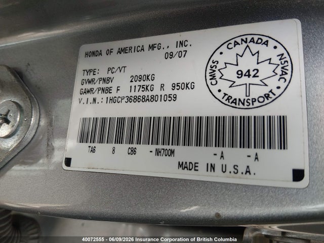 2008 Honda Accord Exl მანქანა იყიდება აუქციონზე, vin: 1HGCP36868A801059, აუქციონის ნომერი: 40072555