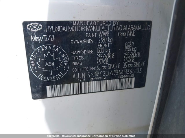 2021 Hyundai Santa Fe Sel მანქანა იყიდება აუქციონზე, vin: 5NMS2DAJ3MH365103, აუქციონის ნომერი: 40075885