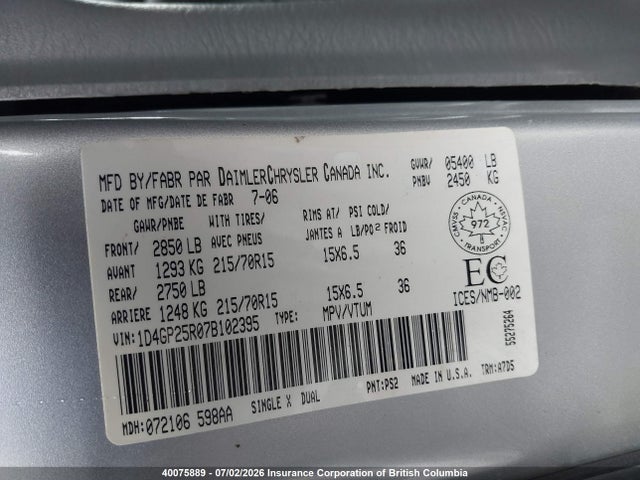 40075889 :رقم المزاد ، 1D4GP25R07B102395 vin ، 2007 Dodge Caravan Se مزاد بيع