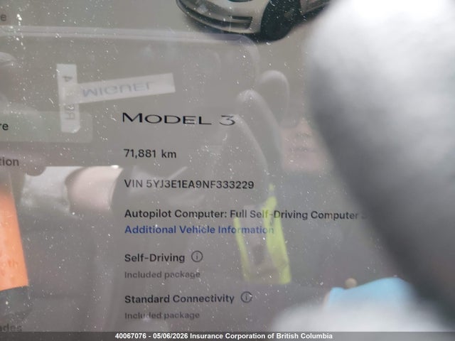 2022 Tesla Model 3 მანქანა იყიდება აუქციონზე, vin: 5YJ3E1EA9NF333229, აუქციონის ნომერი: 40067076