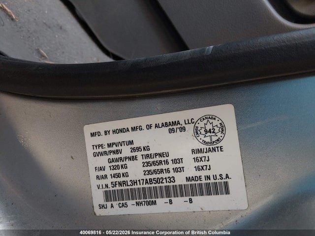 Aukcja sprzedaży 2010 Honda Odyssey Dx, vin: 5FNRL3H17AB502133, numer aukcji: 40069816