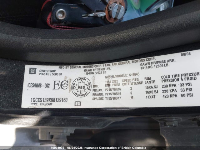 40074976 :رقم المزاد ، 1GCCS139X98129160 vin ، 2009 Chevrolet Colorado مزاد بيع