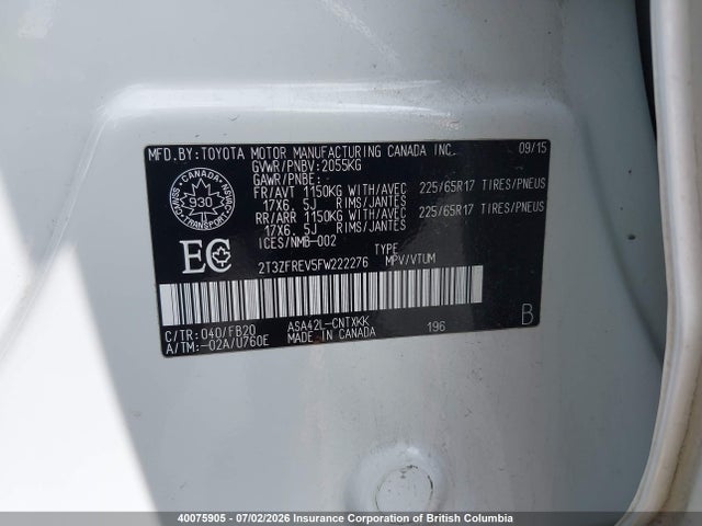 2015 Toyota Rav4 მანქანა იყიდება აუქციონზე, vin: 2T3ZFREV5FW222276, აუქციონის ნომერი: 40075905
