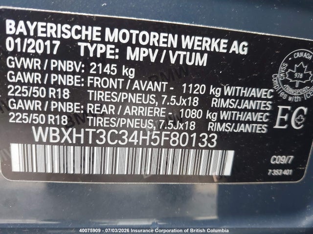 40075909 :رقم المزاد ، WBXHT3C34H5F80133 vin ، 2017 Bmw X1 مزاد بيع