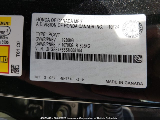 2025 Honda Civic Sport/sport Touring მანქანა იყიდება აუქციონზე, vin: 2HGFE4F86SH008104, აუქციონის ნომერი: 40071449