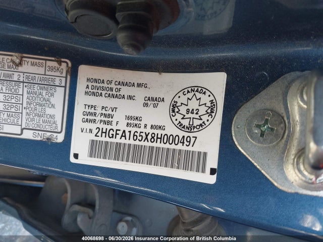 Aukcja sprzedaży 2008 Honda Civic Lx, vin: 2HGFA165X8H000497, numer aukcji: 40068698