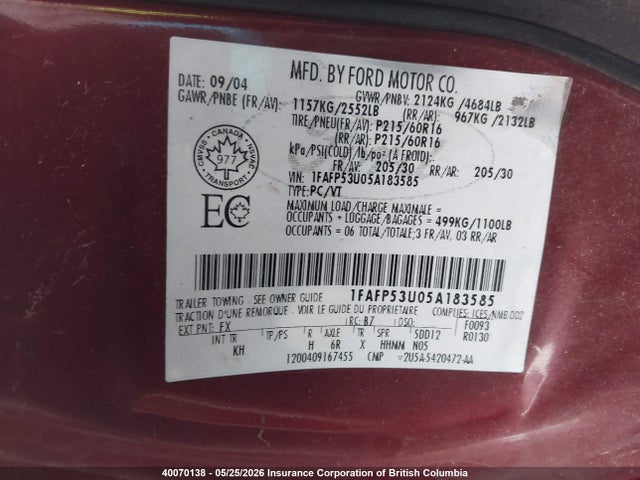 2005 Ford Taurus Se მანქანა იყიდება აუქციონზე, vin: 1FAFP53U05A183585, აუქციონის ნომერი: 40070138