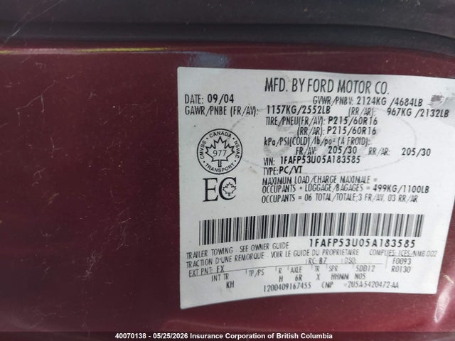 2005 Ford Taurus Se მანქანა იყიდება აუქციონზე, vin: 1FAFP53U05A183585, აუქციონის ნომერი: 40070138