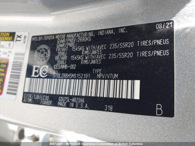 2021 Toyota Highlander Xse მანქანა იყიდება აუქციონზე, vin: 5TDLZRBH5MS152191, აუქციონის ნომერი: 40073488