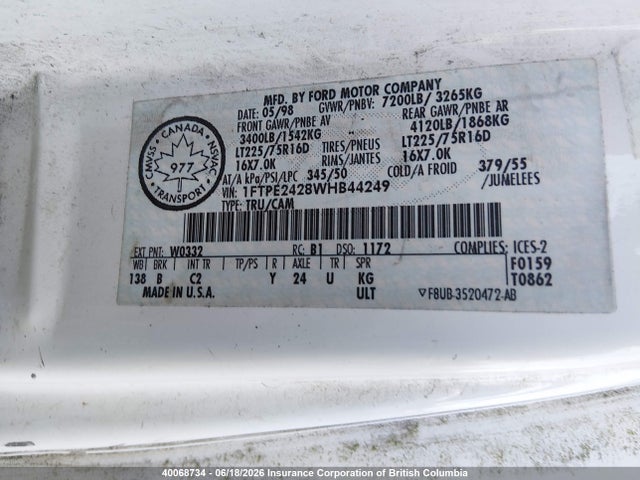 Aukcja sprzedaży 1998 Ford Econoline E250 Van, vin: 1FTPE2428WHB44249, numer aukcji: 40068734