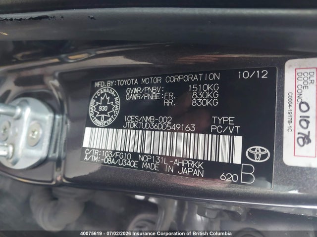 2013 Toyota Yaris მანქანა იყიდება აუქციონზე, vin: JTDKTUD36DD549163, აუქციონის ნომერი: 40075619