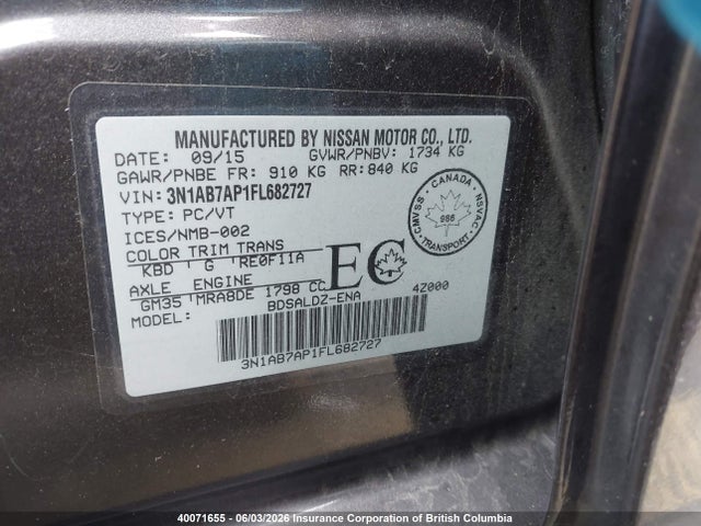 Aukcja sprzedaży 2015 Nissan Sentra S/sv/sr/sl, vin: 3N1AB7AP1FL682727, numer aukcji: 40071655
