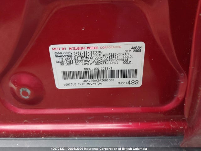 Продажа на аукционе авто 2010 Mitsubishi Outlander Gt, vin: JA4JT5AX9AZ601063, номер лота: 40072123
