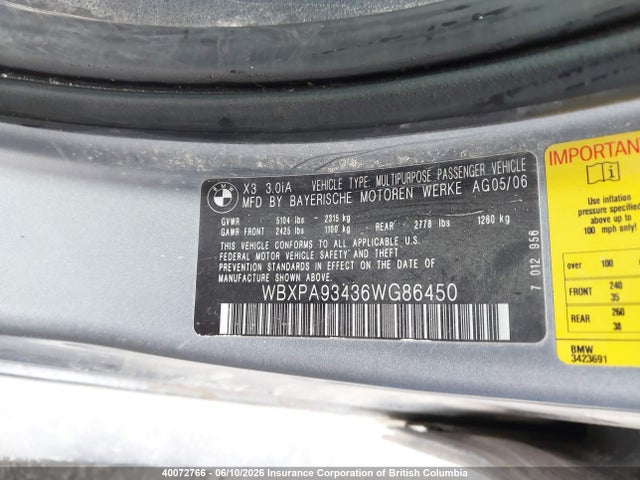 2006 Bmw X3 3.0i მანქანა იყიდება აუქციონზე, vin: WBXPA93436WG86450, აუქციონის ნომერი: 40072766