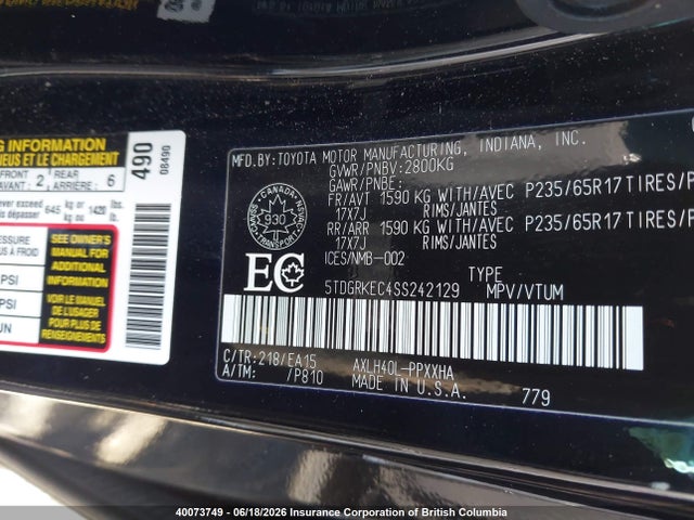 2025 Toyota Sienna Le/xle/platinum/xse/limited/autono-mass მანქანა იყიდება აუქციონზე, vin: 5TDGRKEC4SS242129, აუქციონის ნომერი: 40073749