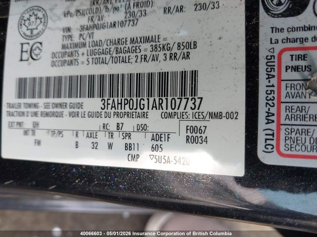 2010 Ford Fusion Sel მანქანა იყიდება აუქციონზე, vin: 3FAHP0JG1AR107737, აუქციონის ნომერი: 40066603