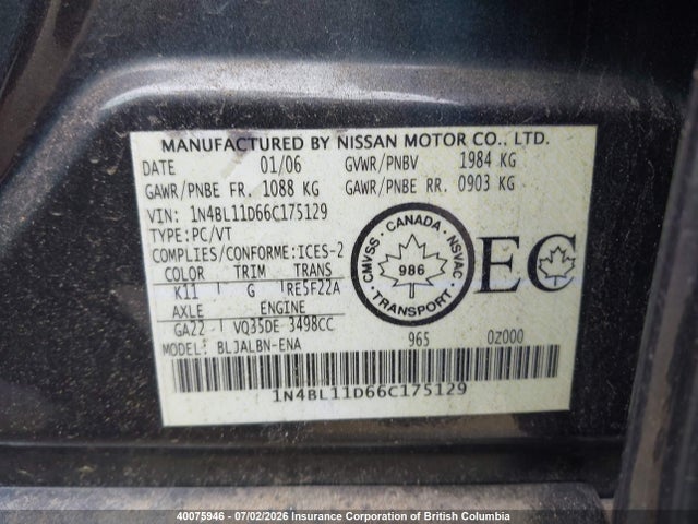 Aukcja sprzedaży 2006 Nissan Altima Se/sl/se-r, vin: 1N4BL11D66C175129, numer aukcji: 40075946